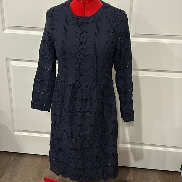 Roole Navy Blue Long Sleeve Cotton Eyelet Fit and Flare Dress Size Medium - Picture 1 of 8